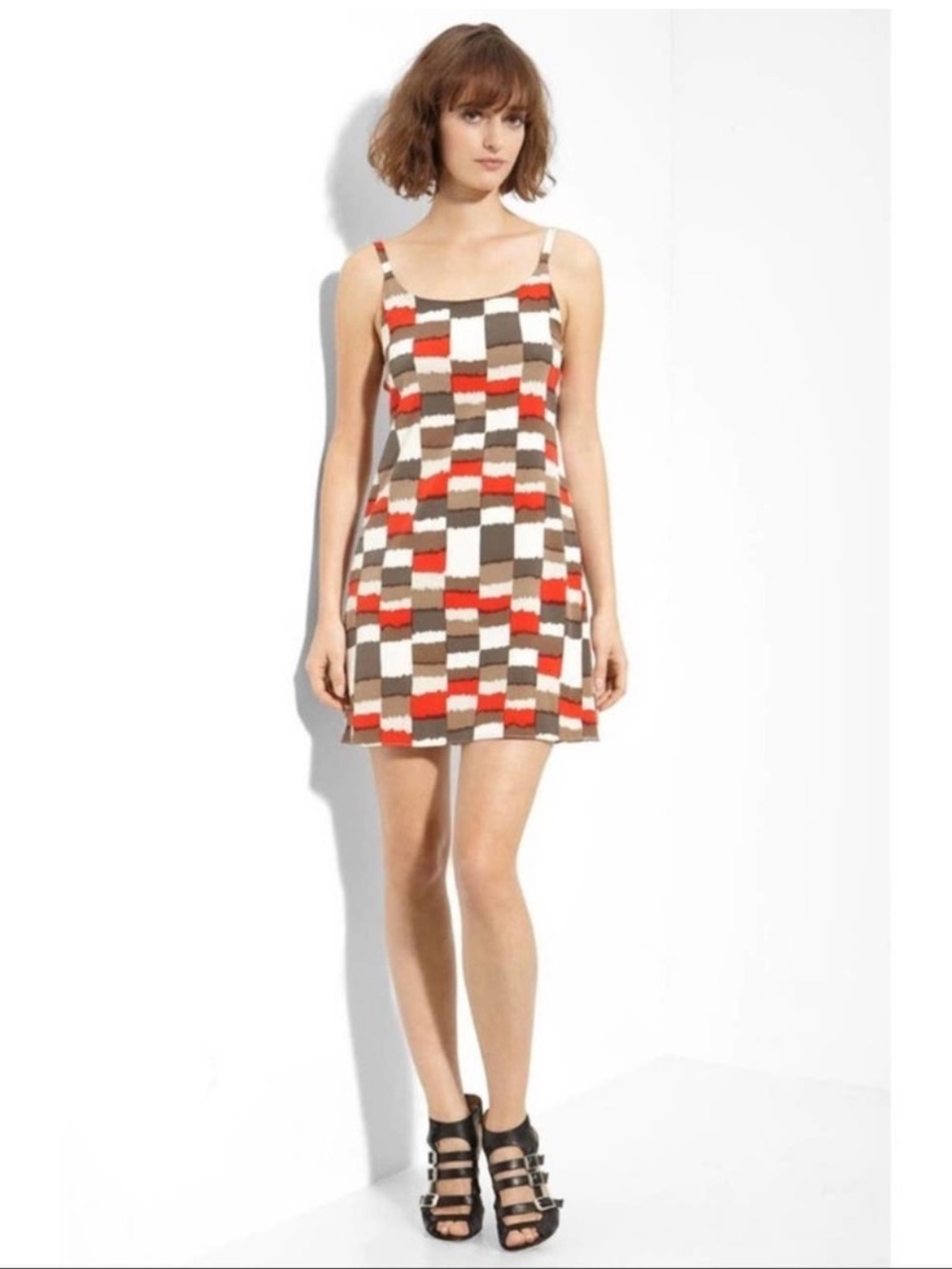ALICE + OLIVIA Russell Checker Geometric Print Silk Blend Slip Dress